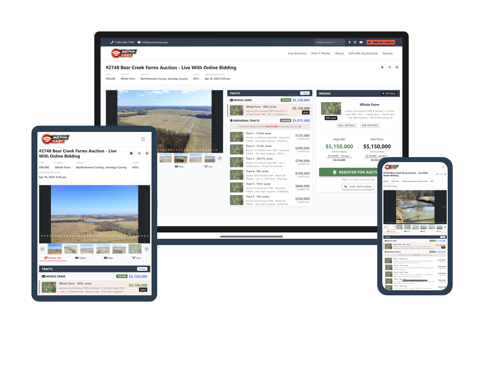 AuctionCast platform on laptop, tablet, and mobile devices showing live auction interface